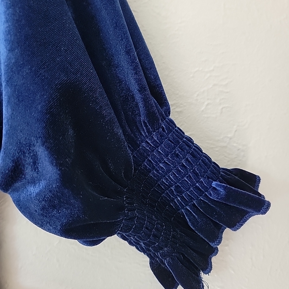 R Vivimos Blue Velvet Smocked Tiered Dress Medium - Picture 10 of 13